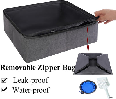 Portable Cat Travel Litter Box with Zipped Waterproof Bag,Collapsible Litter Carrier for Cat with Zipped Lid and Handle, No Leakage, No Smell, Easy to Carry and Use in Hotels, Car Gray
