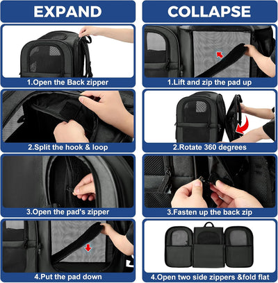 Pet Carrier Backpack for Large/Small Cats and Dogs, Puppies, Safety Features and Cushion Back Support for Travel, Hiking, Outdoor Use (Black-Expandable)