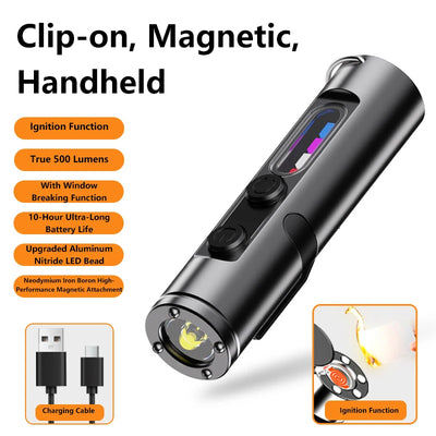 6-In-1 Multifunctional Keychain Flashlight COB Side Light Rechargeable Magnetic Work Light Window Breaker Emergency Tool
