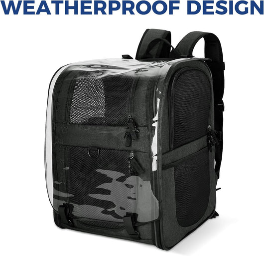Pet Carrier Backpack for Large/Small Cats and Dogs, Puppies, Safety Features and Cushion Back Support for Travel, Hiking, Outdoor Use (Black-Expandable)